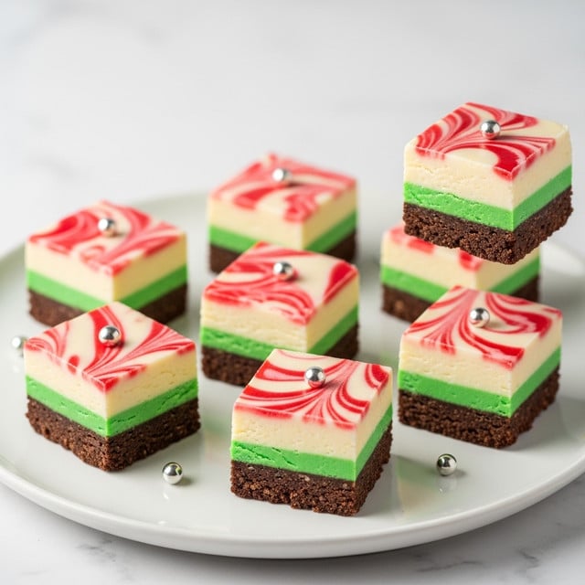 The image shows six square fudge pieces arranged on a white plate, sitting on a white marbled surface. Each piece has three distinct layers: a thick, dark brown bottom layer with a slightly crumbly texture, a middle green layer that is thinner and contrasts brightly, and a creamy white top layer with smooth texture. The top layer features red swirls, creating a marbled effect that adds visual interest. One fudge piece is raised above the plate, showing the clear layering on all sides. Small metallic silver balls decorate a few pieces, adding a festive touch. Photo taken with an iphone --ar 4:5 --v 7