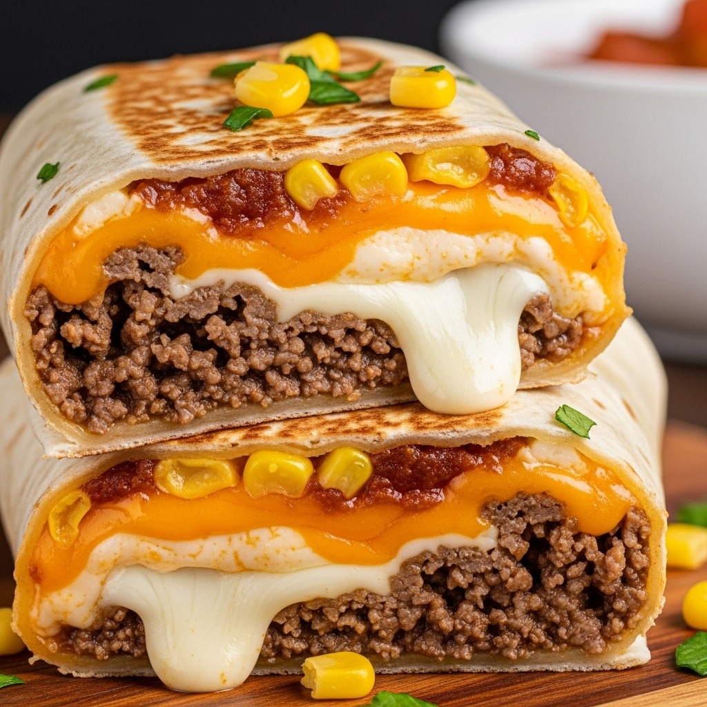 A close-up view of a large burrito cut in half, showing three thick layers inside wrapped in a soft, lightly toasted flour tortilla. The outer layer is the warm tortilla, speckled with slight brown spots. Inside, the first inner layer visible is melted creamy white cheese oozing out at the bottom, mixed with orange melted cheese above it. The filling includes browned seasoned beef and melted cheese, creating a rich, gooey texture. Small bits of corn and green herb pieces are scattered on top and around the burrito. The burrito sits on a wooden surface with a blurred white bowl in the background. Photo taken with an iphone --ar 4:5 --v 7