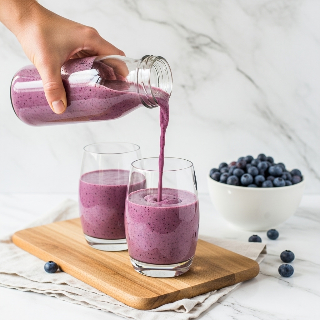 A woman's hand is pouring a thick, dark purple smoothie from a clear glass bottle into a clear glass filled halfway with the same smoothie, sitting on a wooden board placed over a white marbled textured surface with a light cloth underneath. Another glass with an equal amount of smoothie stands behind the pouring glass. To the right, a white bowl filled with fresh blueberries is partially visible on the white marbled background. The smoothie has a creamy texture with small visible bits inside. Photo taken with an iphone --ar 4:5 --v 7