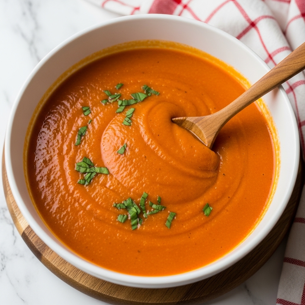 A white round bowl filled with thick, bright orange tomato soup with small green herb bits on top, with a wooden spoon stirring the soup inside the bowl. The bowl sits on a wooden board over a white marbled texture surface, and a red and white checkered cloth is partially visible in the background. photo taken with an iphone --ar 4:5 --v 7