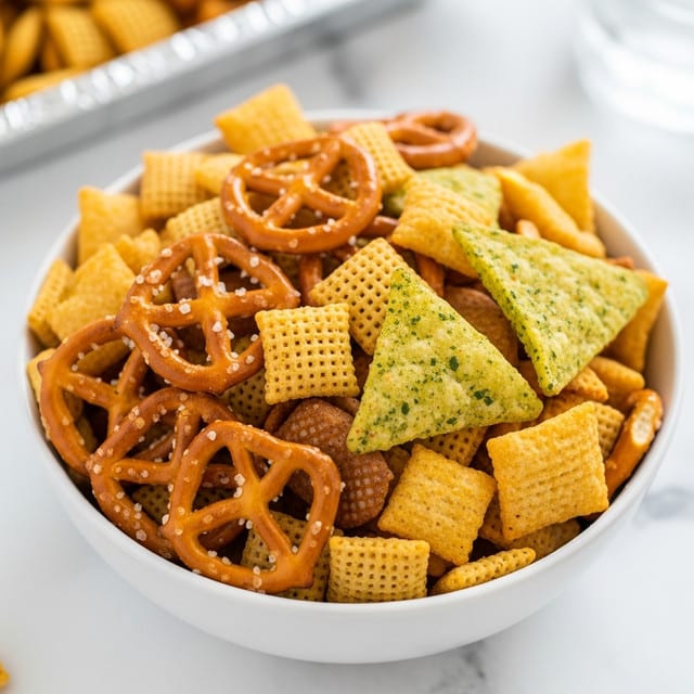A white bowl filled with a mix of snack pieces including square pretzels with salt, small square cereal-like pieces, larger triangular crunchy chips with green seasoning, and flat nugget-shaped pieces. The snacks vary in color from golden brown to light yellow and have a crispy texture. The bowl is placed on a white marbled surface with a blurry silver foil tray in the background. photo taken with an iphone --ar 4:5 --v 7