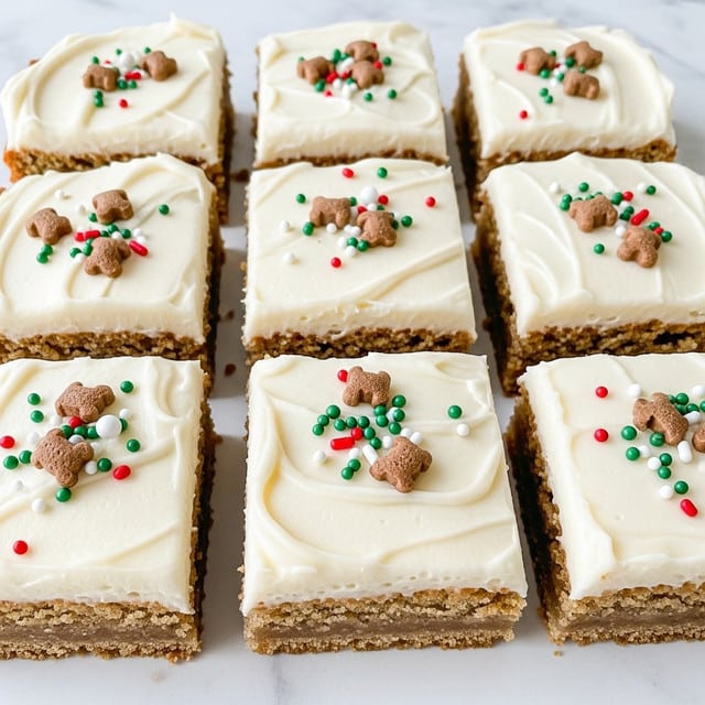 The image shows nine square pieces of a cake or bar dessert arranged closely together on a white marbled surface. Each piece has a thick, light brown base layer topped with a thick, smooth layer of creamy white frosting. The frosting is decorated with small festive sprinkles, including tiny red, green, and white balls, and small brown shapes that look like bear or gingerbread man shapes, scattered unevenly on top. The pieces are cut neatly but some edges show straight and slightly rough textures. The lighting is bright and clear, highlighting the smoothness of the frosting and the texture of the cake base. photo taken with an iphone --ar 4:5 --v 7