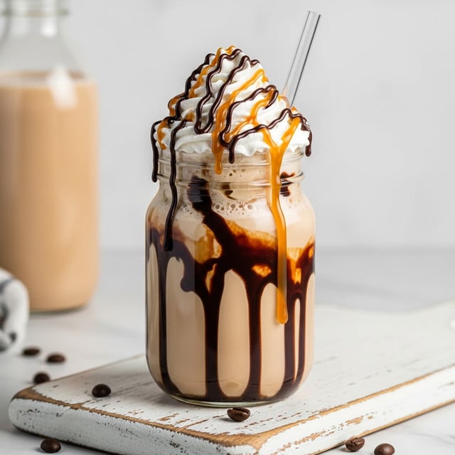 A clear glass jar filled with a creamy light brown coffee drink is shown with thick swirls of dark chocolate and caramel sauce running down the inside sides. On top, a large swirl of white whipped cream is drizzled with caramel and chocolate syrup in thin, uneven lines. A clear straight straw sticks out from the whipped cream. The jar sits on a worn white wooden board, placed on a white marbled textured surface, with a few coffee beans scattered around. In the background, a tall clear container with a similar light brown drink is faintly visible. Photo taken with an iphone --ar 4:5 --v 7