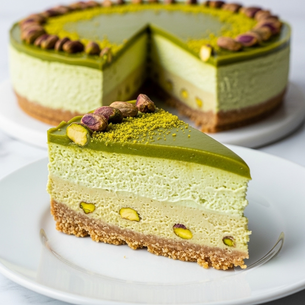 A close-up view of a slice of creamy pistachio cheesecake sitting on a white plate. The cheesecake has three layers: a light brown crumbly crust at the bottom, a thick middle layer of pale green creamy cheesecake with a slightly rough texture and small nut pieces, and a smooth, darker green pistachio glaze on top. The top glaze is decorated with small chopped pistachio nuts and a sprinkle of yellowish-green powder. In the background, the whole cheesecake, matching in layers and toppings, is slightly out of focus, all placed on a white marbled surface. Photo taken with an iphone --ar 4:5 --v 7