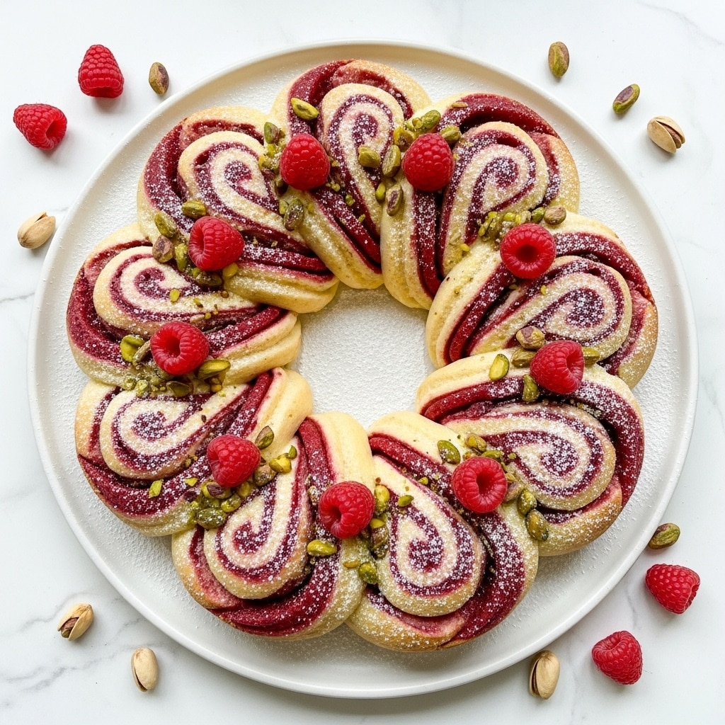 A braided ring-shaped pastry with two main twisted layers: one pale golden dough and one bright red raspberry filling streaked throughout. The pastry is sprinkled with small chopped pistachio nuts and dusted lightly with powdered sugar. Fresh whole raspberries are placed evenly on top of the braided pastry. The dessert sits on a plain white round plate, which rests on a white marbled surface. Around the plate, there are scattered pistachio pieces, a small white dish with more fresh raspberries and pistachios, a knife with a wooden handle, and a gold ribbon. photo taken with an iphone --ar 4:5 --v 7