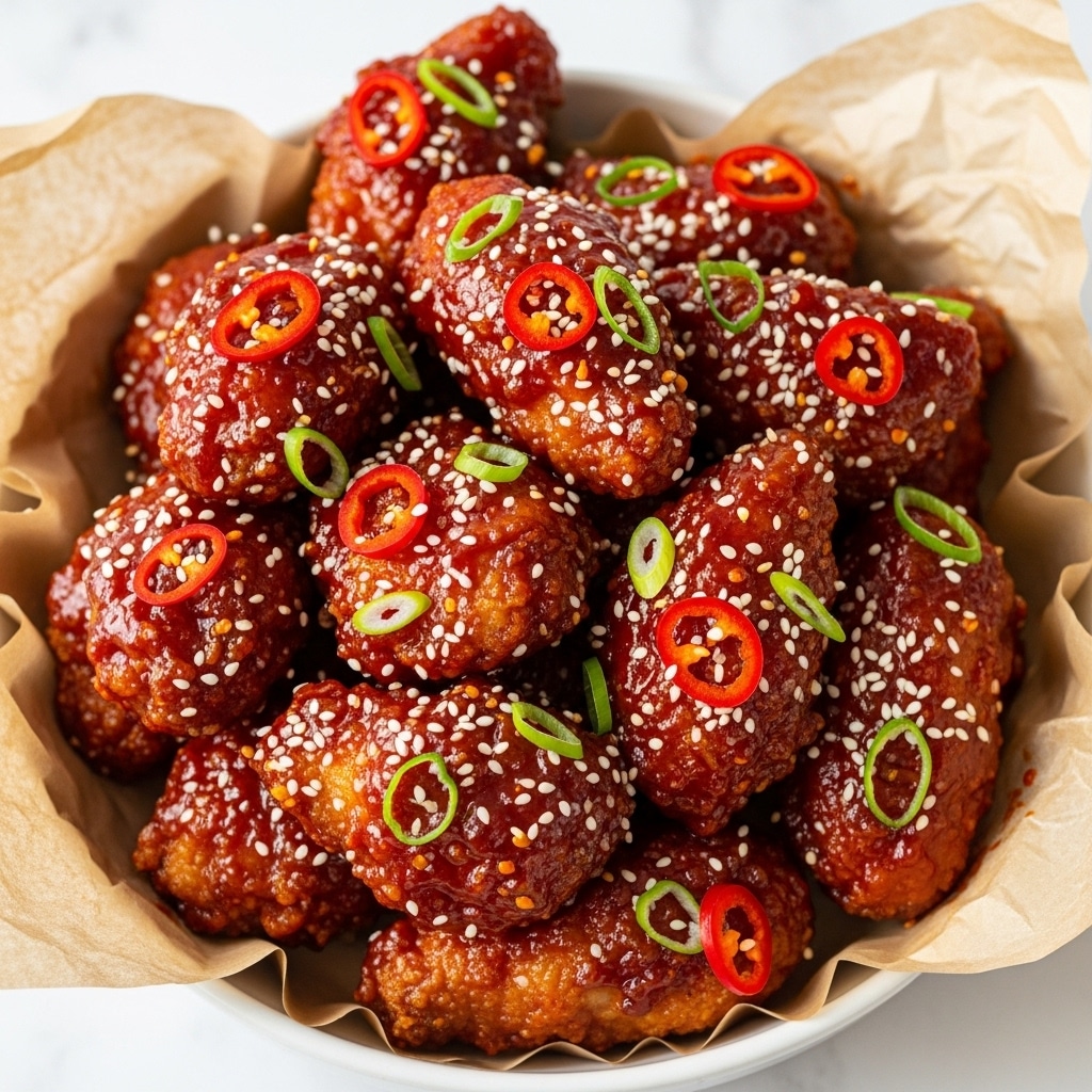 A close-up view of many pieces of fried chicken piled in a white bowl lined with crumpled brown parchment paper, each piece coated in a thick, shiny dark red sauce with a sticky texture. The chicken pieces have a crispy golden brown base visible under the sauce, and they are topped with white sesame seeds and red chili flakes. Thin green onion strands are spread across the chicken, adding fresh green color contrast. The background is a white marbled texture. photo taken with an iphone --ar 4:5 --v 7