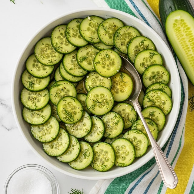 A white bowl filled with thin, round cucumber slices layered closely together, covered in a light, slightly shiny marinade with small pieces of dill scattered evenly on top. The cucumbers have a fresh, pale green color with a translucent texture showing seeds inside. A silver spoon is placed inside the bowl, resting diagonally across the cucumber slices. The bowl sits on a white marbled surface next to a striped cloth with green, yellow, and white stripes and a partially visible halved cucumber beside it. A small clear bowl of salt is also visible near the bottom left. photo taken with an iphone --ar 4:5 --v 7