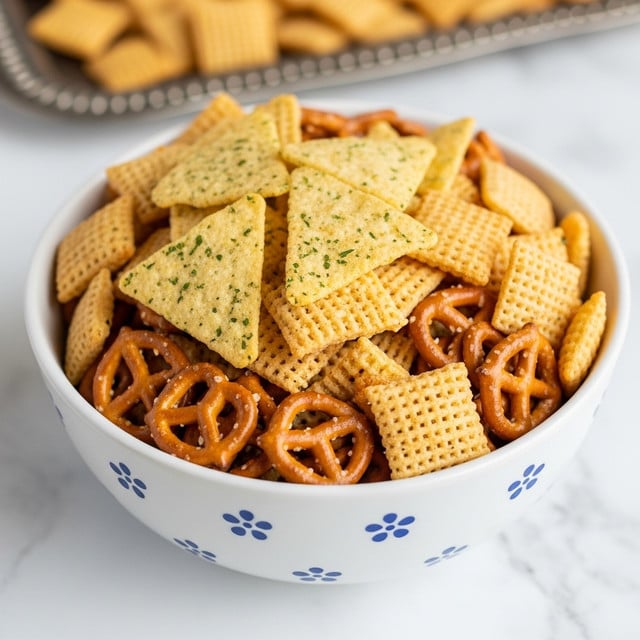 A white bowl filled with a mix of snack pieces sitting on a white marbled surface. The snack mix has several layers and colors: light yellow triangular chips with green herb speckles, brown square pretzels with tiny salt dots, crispy golden-brown squares with a woven texture, and some smooth beige pieces. The bowl itself has small blue flower designs on its outside. In the background, there is a blurry silver tray with more snacks. Photo taken with an iphone --ar 4:5 --v 7