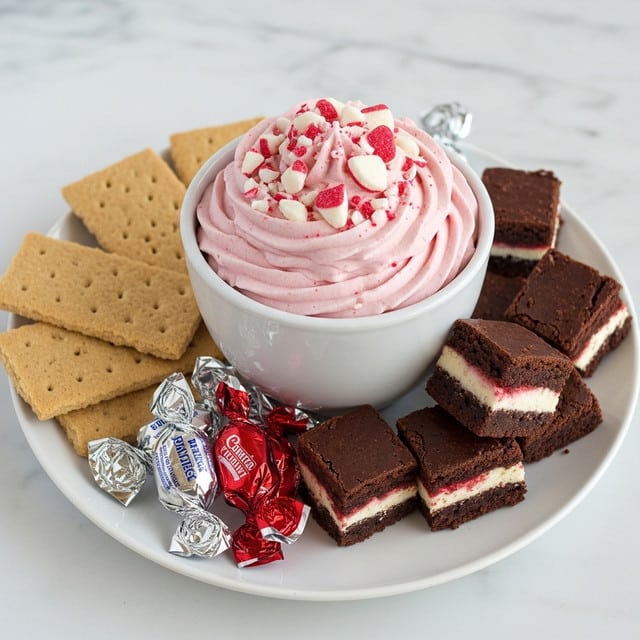 A white cup filled with a smooth, thick pink mousse, topped with white and red crushed peppermint pieces in the center. The cup sits on a white plate next to flat, light brown crackers on the left and small, dark chocolate peppermint squares with a red layer inside on the right. The background is a white marbled texture with a red and white peppermint candy wrapper and a cloth with a red and white pattern softly blurred behind. Photo taken with an iphone --ar 4:5 --v 7