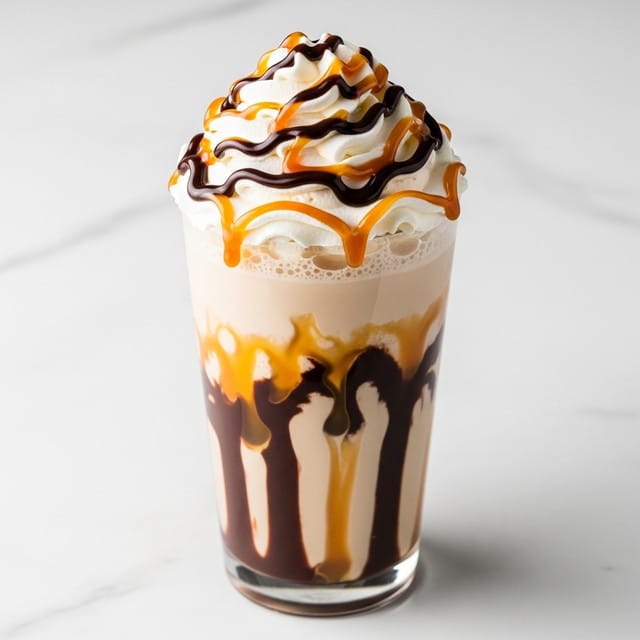 A tall clear glass filled with a creamy light brown drink swirled with dark brown chocolate and golden caramel sauces along the inside walls. The top layer is a large swirl of smooth white whipped cream, generously drizzled with both dark chocolate and amber caramel sauces creating a striped pattern over the whipped cream peaks. The glass is set on a white marbled surface. photo taken with an iphone --ar 4:5 --v 7