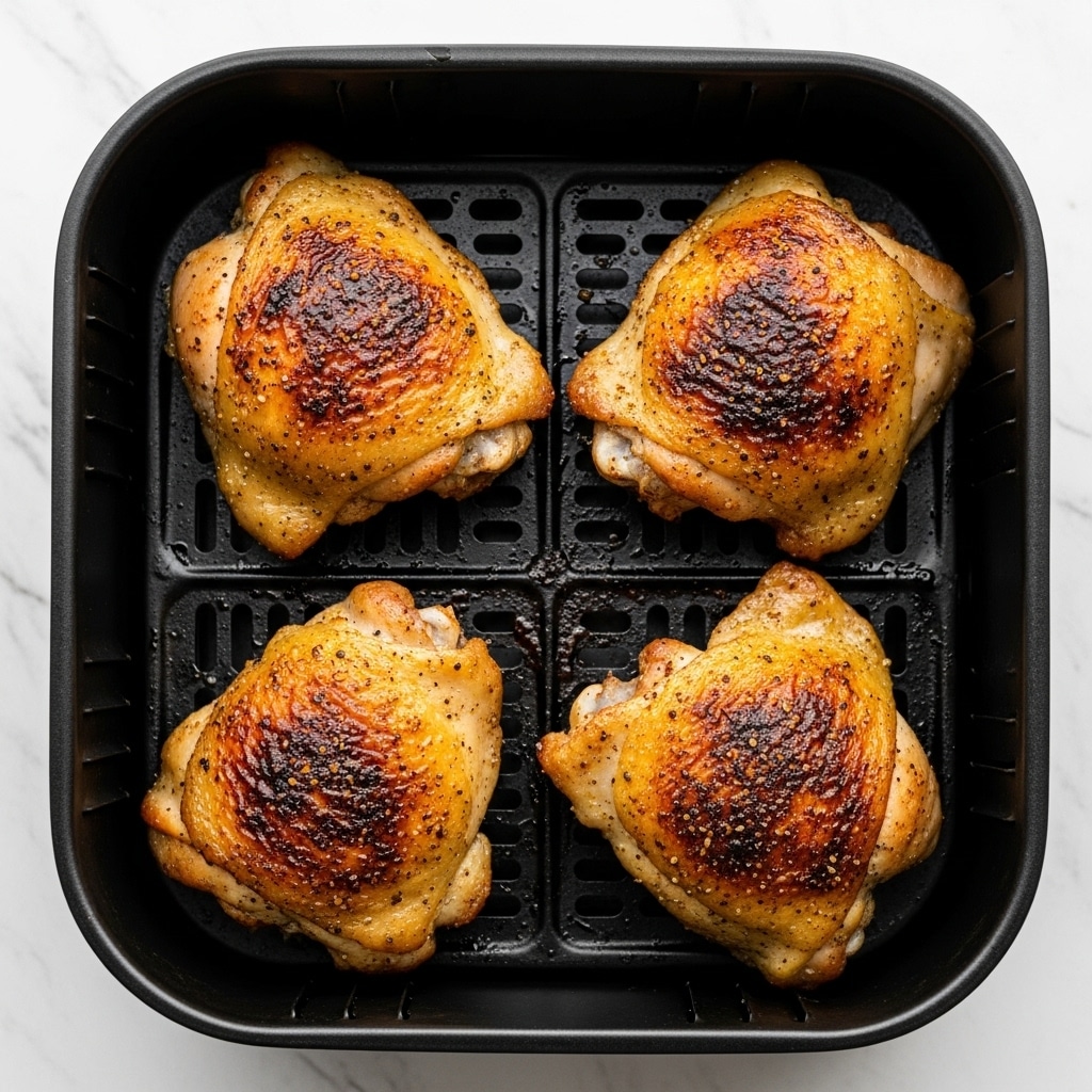 Four pieces of cooked chicken thighs with golden brown, crispy skin and specks of black pepper sit inside a metal mesh basket, their surface textured with bubbles and slight charring. The basket is inside a fryer basket with a dark metal frame, and the chicken pieces are arranged in a slightly overlapping manner, showcasing their crispy and juicy appearance. The metal mesh and frame create a contrast with the warm tones of the chicken. The photo is taken close up, highlighting the texture and color of the chicken skin. Photo taken with an iphone --ar 4:5 --v 7