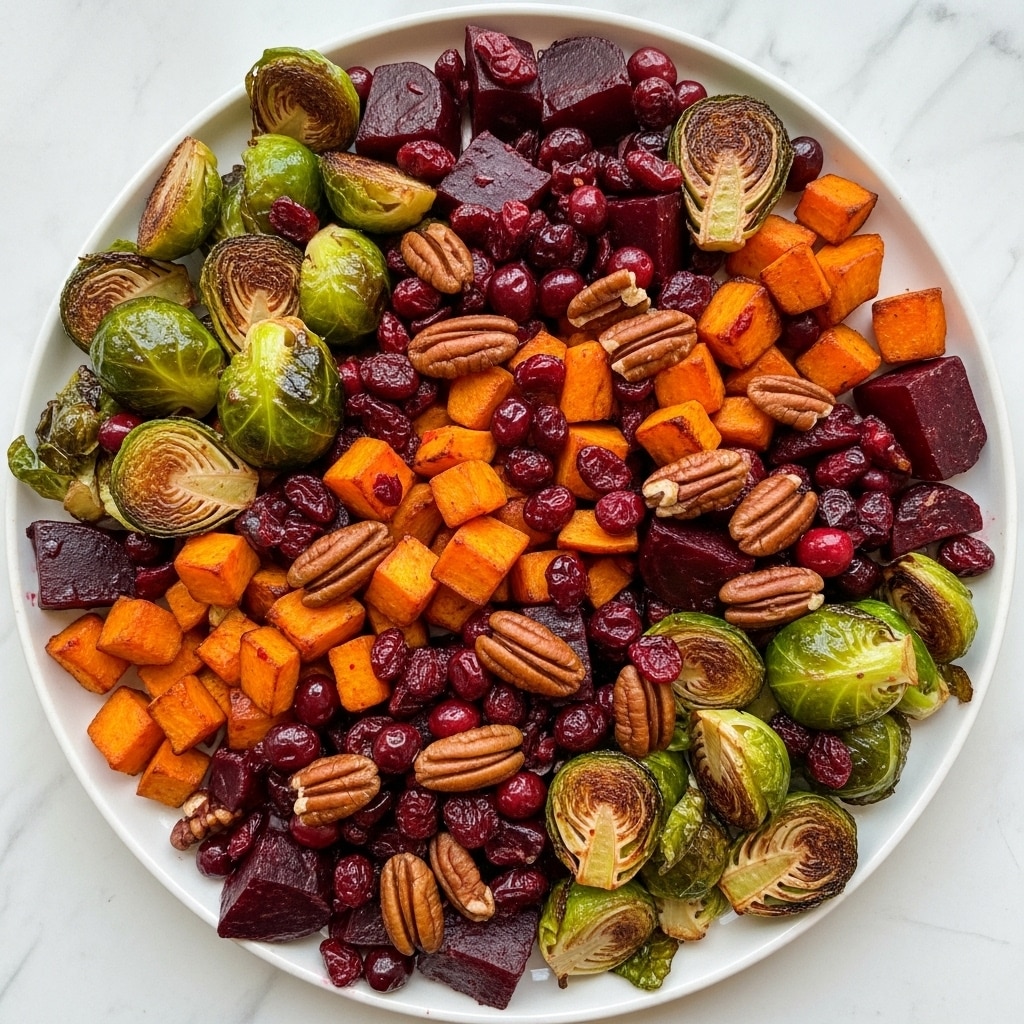 A white plate filled with a colorful mix of roasted vegetables and nuts on a white marbled surface. The dish shows several layers of ingredients: bright green brussels sprouts with browned, crispy edges scattered evenly, cubes of golden orange sweet potatoes, deep red beetroot chunks, and shiny, dark red cranberries spread throughout. Large, glossy brown pecans are also mixed in, adding texture and richness. The food looks glossy and caramelized, showing a mix of soft and crunchy textures. photo taken with an iphone --ar 4:5 --v 7