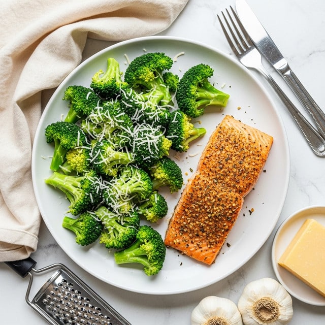 A white round plate is filled mostly with bright green broccoli pieces piled on the left side, topped with fine white cheese shavings. On the right side of the plate, there is a piece of cooked salmon with a crispy, lightly browned seasoning crust. The plate sits on a white marbled surface, with a pale cream cloth folded loosely in the background. Nearby, two silver forks rest on the surface along with a small block of yellow cheese and two garlic bulbs. A metal grater is partly visible on the bottom left side. Photo taken with an iphone --ar 4:5 --v 7
