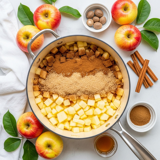 The image shows a top view of a cooking pot filled with three layers: the bottom layer is diced pale yellow apples, the middle layer is sprinkled brown sugar, and the top layer has a light dusting of brown cinnamon powder. The pot is placed on a white marbled surface, near a white cloth on the left side. Around the pot, there are five fresh whole apples of red and yellow shades with green leaves. To the right, there are three sticks of brown cinnamon and a small white bowl containing whole nutmegs and ground brown spices. A small jar with light syrup is near the pot’s handle. The scene is bright with natural light. photo taken with an iphone --ar 4:5 --v 7