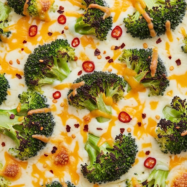 The dish is a close-up view of a broccoli and cheese casserole with one visible layer showing a mix of melted white and yellow cheese spread unevenly on top. Bright green broccoli pieces are scattered throughout, some slightly charred and embedded in the cheese layer. The cheese shows a bubbly texture with browned spots and small red chili flakes sprinkled across the surface, adding texture and color contrast. The overall look is creamy and rich, with the cheese bubbling around the broccoli florets, creating a visually dense and appetizing mix. photo taken with an iphone --ar 4:5 --v 7
