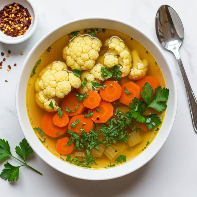 A white bowl filled with vegetable soup is shown from above, containing three main layers: a clear golden-yellow broth at the base, medium-sized bright orange carrot slices scattered throughout the soup, and large, light yellow cauliflower florets floating on the surface. The soup is garnished with finely chopped fresh green herbs sprinkled evenly across the top and a few whole parsley leaves placed on the edge and inside the soup. The bowl rests on a white marbled surface with a small white bowl of red chili flakes and a silver spoon nearby. photo taken with an iphone --ar 4:5 --v 7
