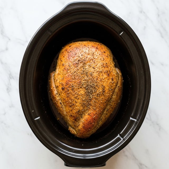 A cooked turkey breast with a golden-brown, seasoned crust sits in a black slow cooker with a smooth, shiny surface. The turkey breast is large, with a textured skin showing herbs and spices sprinkled evenly on top. The slow cooker is placed on a white marbled surface, and the whole scene is simple and clean, focused on the cooked meat inside the black pot. Photo taken with an iphone --ar 4:5 --v 7