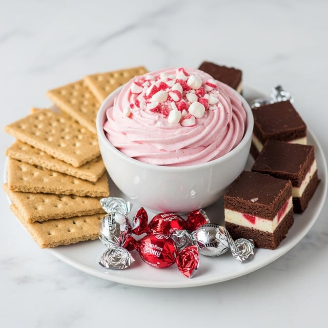 A white cup filled with smooth, fluffy light pink mousse topped with crushed white and red candy pieces sits on a white plate. Surrounding the cup are several light brown rectangular graham crackers stacked loosely on one side and small, square dark chocolate brownie pieces with a white and red layer in the middle on the other side. There are also some wrapped silver and red candies placed on the plate near the cup. The whole setup rests on a white marbled surface. photo taken with an iphone --ar 4:5 --v 7