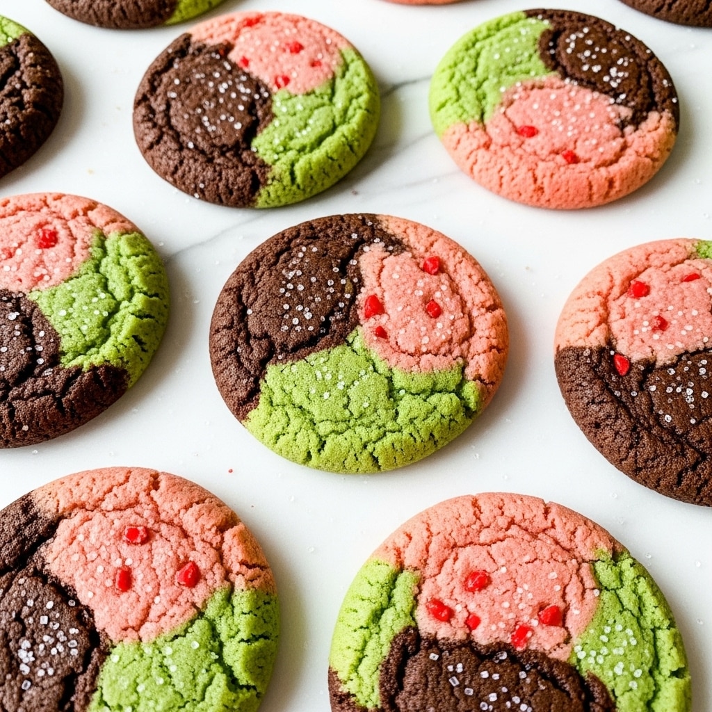 The image shows a white oval plate filled with round, tri-colored cookies that have swirls of pink, green, and dark brown. Each cookie has a soft, slightly cracked surface sprinkled with sugar and small bits of red, giving them a textured look. One cookie on top is broken in half, revealing a soft inside. The plate sits on a light wood surface with a white marbled texture beneath, and there is a pink cloth casually placed on the top right. Nearby, a white bowl with crushed green nuts and two smaller white dishes hold more cookies. A pink mug filled with a brown liquid, likely coffee, is partially visible at the bottom right. Photo taken with an iphone --ar 4:5 --v 7