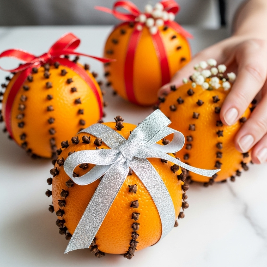 The image shows three whole bright orange oranges decorated with dark brown cloves stuck evenly all over the surface. The closest orange has a shiny silver glitter ribbon tied around it, crossing on the top and forming a bow. The two oranges in the background are decorated differently, one with a red ribbon and the other with small white flowers attached. All fruits rest on a white marbled surface, and a woman's hand is gently touching one of the oranges. The colors are vibrant with a soft, natural light. Photo taken with an iphone --ar 4:5 --v 7