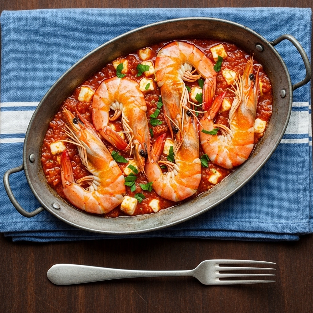 A rustic oval metal dish sits on a folded blue cloth with white stripes, showing four large shrimp with a light orange-pink color and visible texture on their shells. The shrimp rest on a layer of rich, red-orange sauce mixed with small white chunks of cheese and specks of green herbs scattered throughout. The dish has two small handles on either side. Below the cloth is a dark wooden surface with a silver fork lying flat near the bottom edge. photo taken with an iphone --ar 4:5 --v 7