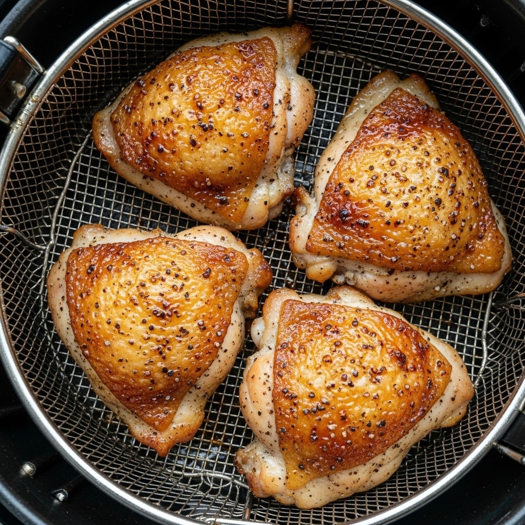 Four pieces of golden-brown roasted chicken thighs with a crispy, slightly charred skin full of seasoning, arranged inside a black air fryer basket with a metal mesh base. The chicken pieces have varying shades of golden and dark brown, showing the texture of the crispy skin, and the background is a white marbled texture. photo taken with an iphone --ar 4:5 --v 7