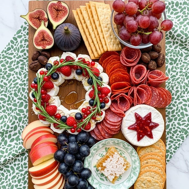 A wooden board sits on a white marbled surface covered with a green patterned cloth partly visible around the edges. On the board, there are clusters of dark purple grapes in three spots: top center, bottom left, and bottom right. On the top left are two half-cut figs and one whole fig. Near the top are light tan crackers arranged in a row, next to two piles of thin red salami slices stacked neatly side by side, one pile next to a bowl of dark red grapes placed in a white bowl with a gold rim. In the center-left is a white cheese wreath topped with honey, small cranberries, and rosemary sprigs. To the right of this is a round white brie cheese decorated with a red star-shaped jam pattern on top. Around the board are several slices of red apple arranged neatly in two groups on the left and right sides. Near the bottom center is a dark green plate holding a piece of honeycomb. photo taken with an iphone --ar 4:5 --v 7