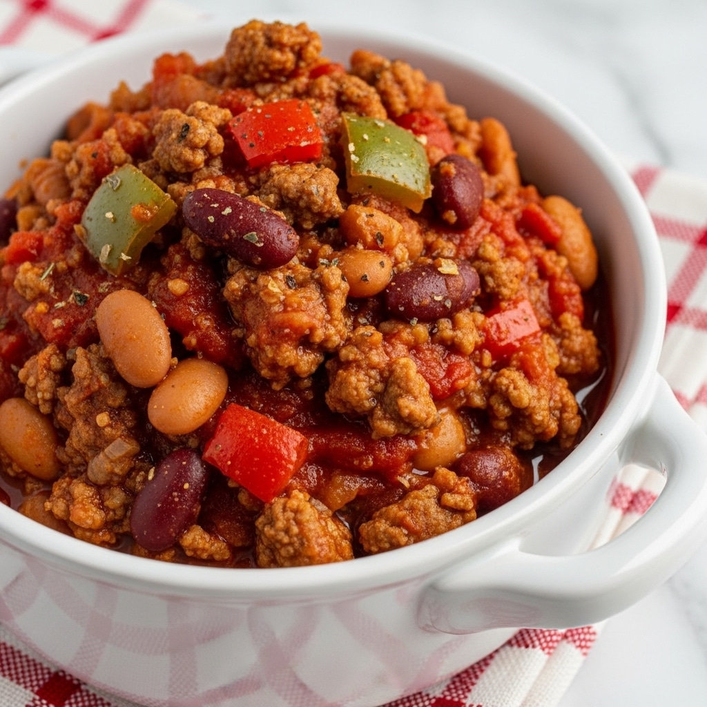 A white bowl filled with thick chili showing three main layers: the bottom is a rich red sauce with a smooth texture, the middle layer has a mix of brown cooked ground meat and dark red kidney beans, and the top layer is scattered with bright red diced tomatoes and small pieces of green bell pepper. The bowl is placed on a white marbled surface, and in the background, a red and white striped cloth with two green jalapeño peppers can be seen. Two silver spoons are resting inside the bowl on the right side. photo taken with an iphone --ar 4:5 --v 7