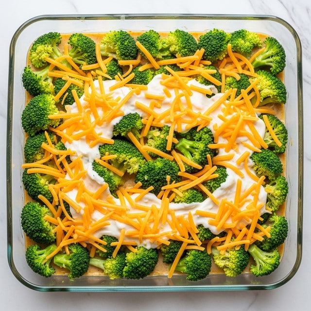 The image shows a glass baking dish filled with a broccoli casserole layered with bright green broccoli florets spread evenly across the dish. The broccoli is topped with light orange shredded cheddar cheese scattered generously. Over the broccoli and cheese, there is a creamy white sauce with a smooth texture, partially covering the cheese and broccoli. The dish rests on a white marbled surface. photo taken with an iphone --ar 4:5 --v 7