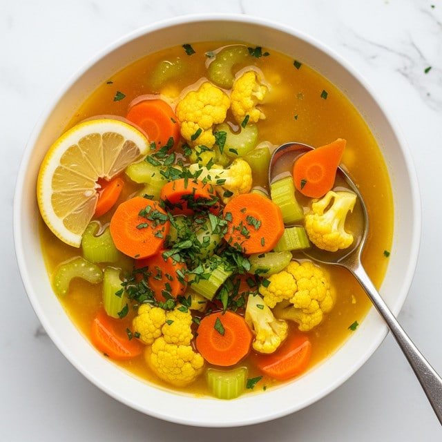 A white bowl filled with bright yellow-orange broth, containing chunky layers of orange carrot slices, light green celery pieces, and yellow cauliflower florets. The soup is topped with finely chopped dark green herbs scattered all over, and a lemon wedge rests on the left side. A silver spoon dips into the soup on the right side, with some vegetable pieces on it. The bowl is set against a white marbled texture background. photo taken with an iphone --ar 4:5 --v 7