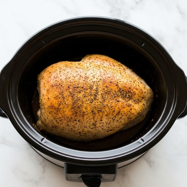The image shows a whole roasted chicken with a golden-brown, crispy skin covered in a mix of black and green herbs and spices. The chicken is placed on a large white plate set on a white marbled surface. The bird's texture looks juicy and tender underneath the well-seasoned, slightly rough skin. There is a dark brown cloth in the background on the left side, adding contrast to the scene. photo taken with an iphone --ar 4:5 --v 7