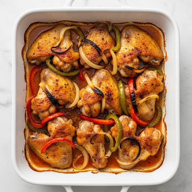 A white plate holds eight golden-brown fried chicken wings spread out evenly. Each wing is topped with sautéed, translucent onion slices, bright red bell pepper strips, and light green pepper pieces. The chicken has a mix of crispy and juicy textures with hints of seasoning visible on the skin. The colorful vegetables sit lightly on the wings, adding fresh and soft layers over the warm chicken. The plate rests on a white marbled texture. photo taken with an iphone --ar 4:5 --v 7