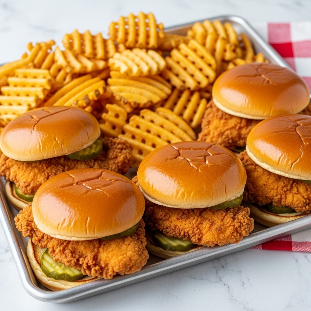The image shows three fried chicken sandwiches placed on a wooden board over a white marbled surface. Each sandwich has three layers: the top layer is a soft golden brown bun with a smooth texture, the middle layer is a large piece of crispy, crunchy fried chicken with a rough, golden-brown crust, and just below the chicken is a layer of green pickle slices with a slightly shiny, wet look. The bottom layer is another golden brown bun that looks fluffy and soft. In the background, there is a white bowl with more pickle slices and a black-and-white checkered cloth. Photo taken with an iphone --ar 4:5 --v 7