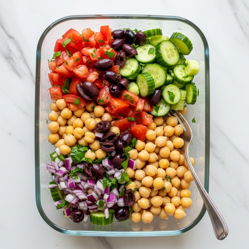 A close-up view of a chickpea salad served in a clear glass rectangular dish, placed on a white marbled surface. The salad has three main layers: light beige round chickpeas forming the bulk, mixed with bright red tomato chunks and green cucumber pieces cut into small cubes. Scattered throughout are glossy black olives, small diced white onion, and bits of fresh green herbs. The colors and textures are vibrant with a mix of smooth chickpeas, juicy tomatoes, and firm cucumbers. A fork is partially visible inside the dish, stirring the ingredients. photo taken with an iphone --ar 4:5 --v 7