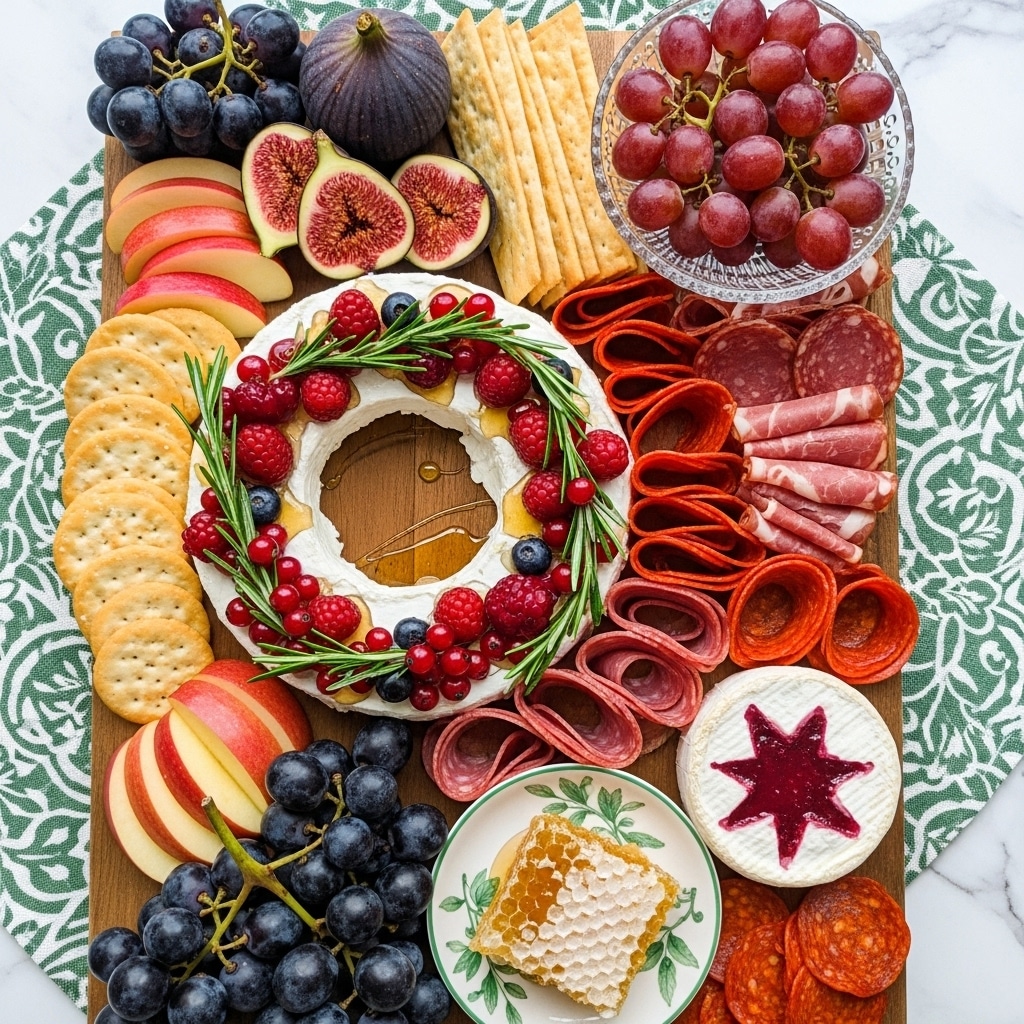A wooden board is filled with a colorful variety of food arranged neatly. On the left side, there are slices of red apple, two bunches of dark purple grapes, and a white cheese ring topped with red berries, rosemary sprigs, and honey dripping inside the ring. Above it, there are two halves of a fig, a whole purple fig, and some thin crackers placed vertically. Near the center right, there are slices of cured meats, including red pepperoni arranged in overlapping rows and a round soft white cheese with a star-shaped red fruit topping. In the top right corner, a clear white bowl holds red grapes. At the bottom center, a small white plate with a green pattern holds a piece of honeycomb. The whole board is set on a white marbled surface with a green patterned cloth showing on the sides. photo taken with an iphone --ar 4:5 --v 7