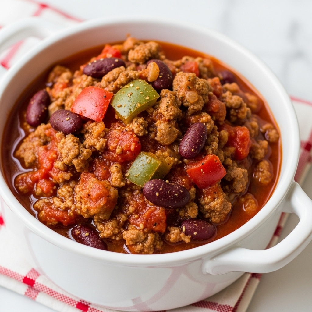 The image shows a close-up of a thick, hearty stew served in a white ceramic bowl with handles. The stew has several layers of rich, chunky ingredients, including brown ground meat mixed with vibrant red tomato sauce, whole kidney beans, and small pieces of green bell pepper and red bell pepper. The texture is a mix of soft beans and tender meat chunks, with some bits of seasoning visible on top. The bowl sits on a white marbled surface with a red and white checkered cloth partially underneath. The lighting highlights the glossy, moist texture of the stew. Photo taken with an iphone --ar 4:5 --v 7