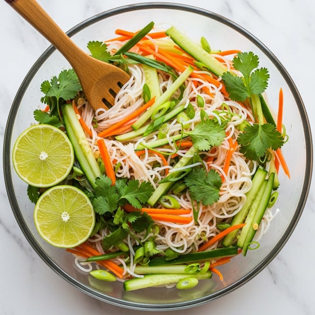 A clear bowl holds a fresh salad made of thin, white, translucent rice noodles mixed with thin orange carrot strips and thin green cucumber sticks. Scattered green herbs, green onion slices, and cilantro leaves add bright green details throughout the salad. Two lime halves with light green insides rest on the edge inside the bowl. A wooden salad fork sticks into the salad from the top, mixing the layers. The bowl sits on a white marbled surface. Photo taken with an iphone --ar 4:5 --v 7