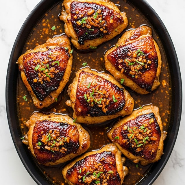 The image shows five pieces of golden-brown cooked chicken with a shiny, sticky glaze, sitting in a pool of thick brown sauce inside a dark dish. The chicken pieces have a crispy, slightly charred texture on top with visible bits of minced garlic and small green herb pieces sprinkled over them. The sauce around the chicken looks rich and glossy with some specks floating in it. The close-up view highlights the juicy and tender look of the chicken, all arranged in a shallow oval container. The dish is set against a white marbled texture. photo taken with an iphone --ar 4:5 --v 7