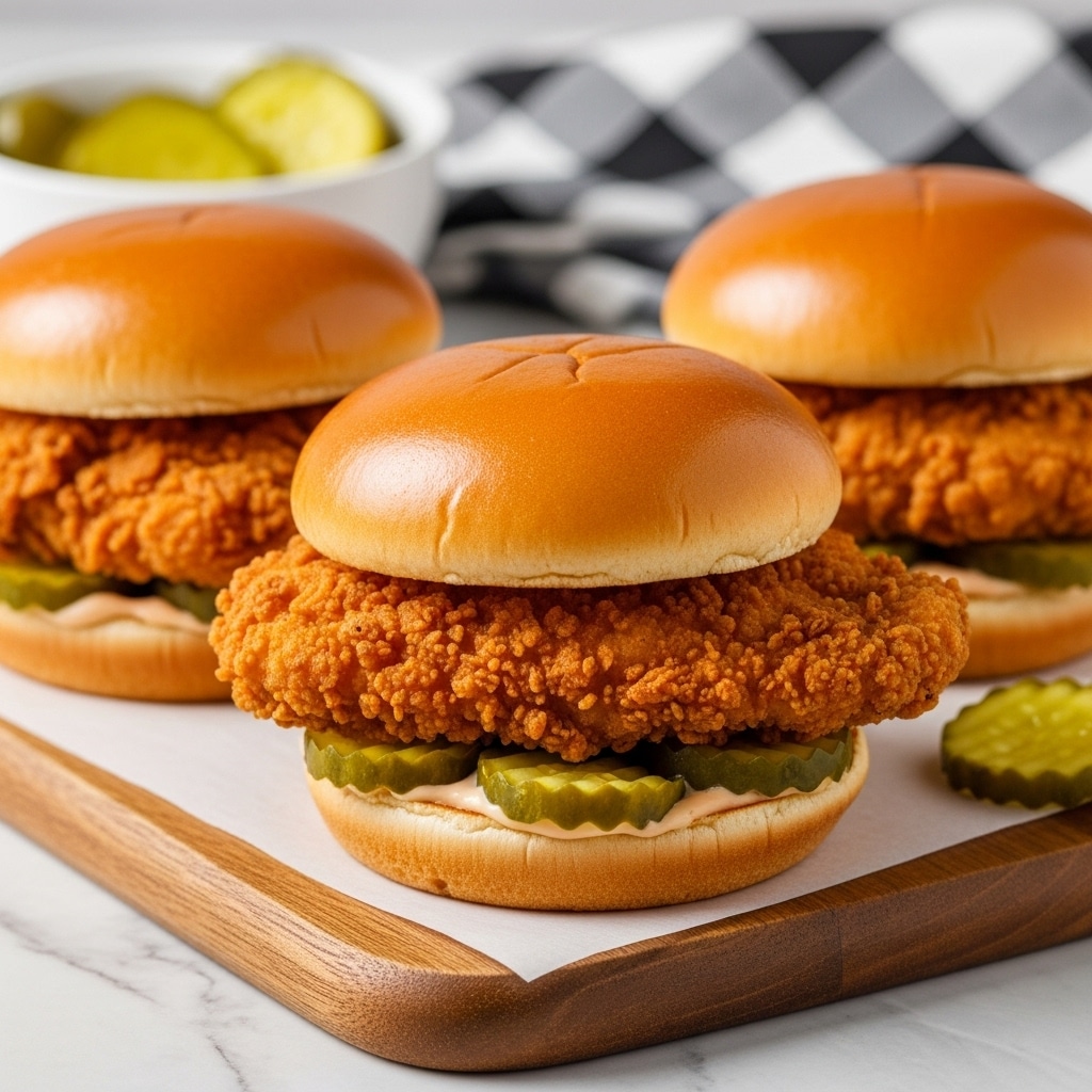 The image shows a metal tray filled with waffle fries at the back and four fried chicken sandwiches at the front. Each sandwich has a golden brown fried chicken fillet with a crispy texture, placed between two shiny, golden toasted buns. Inside the sandwich, there are green pickle slices visible beneath the crispy chicken. The waffle fries are piled behind the sandwiches, golden and crispy with their waffle pattern clear. The tray is placed on a white marbled surface with part of a red and white checkered cloth visible in the bottom right corner. Photo taken with an iphone --ar 4:5 --v 7