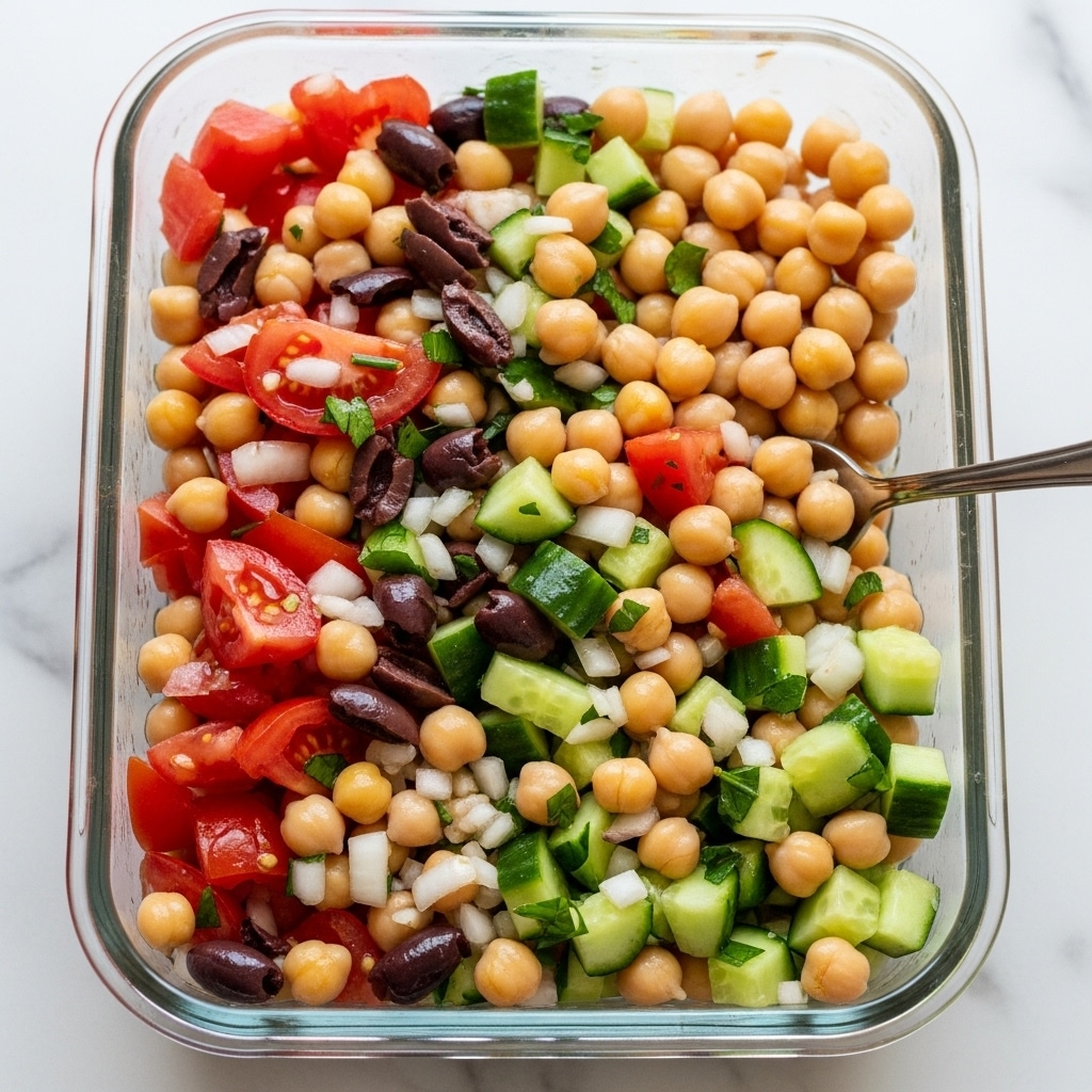 The image shows a fresh chickpea salad in a clear rectangular glass bowl on a white marbled surface. The salad has several layers and textures: round, light yellow chickpeas form the main base layer, mixed with chunks of bright red tomatoes and light green cucumber pieces with a crisp texture. Scattered throughout are dark black olives, adding a shiny contrast. There are small pieces of purple-red onion and bits of finely chopped green herbs, likely parsley, adding touches of color and freshness. The ingredients are mixed evenly, creating a vibrant, colorful look of fresh vegetables and beans. A silver fork is placed inside the bowl. photo taken with an iphone --ar 4:5 --v 7