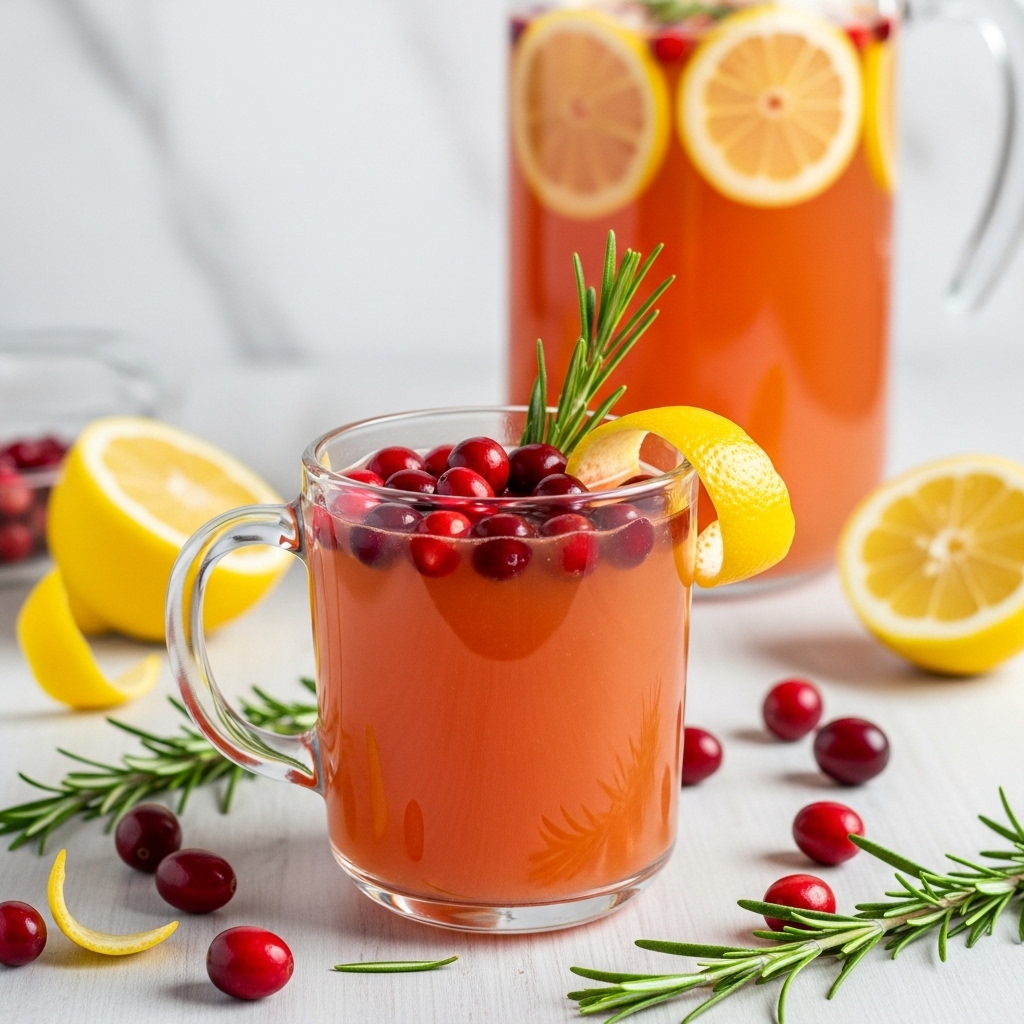 A clear glass mug filled with a pinkish-orange drink, topped with several small red pomegranate seeds floating near the surface, a bright yellow curled lemon peel on one side, and a sprig of fresh green rosemary standing upright in the liquid; the mug sits on a wooden surface with scattered red berries, lemon peels, and rosemary sprigs around it, with a glass pitcher of the same drink and a clear bowl of red berries blurred in the white marbled background. photo taken with an iphone --ar 4:5 --v 7