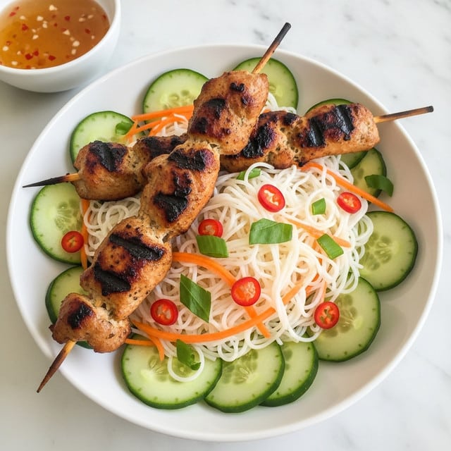 The dish shows two grilled chicken skewers placed on top of thin white rice noodles mixed with thin orange carrot strips and sprinkled with small green herb pieces. Thinly sliced green cucumbers with a slight shine and bits of red chili are arranged around the noodles inside a white bowl. In the background, there is a small white bowl with light brown dipping sauce. The whole scene is set on a white marbled surface. photo taken with an iphone --ar 4:5 --v 7