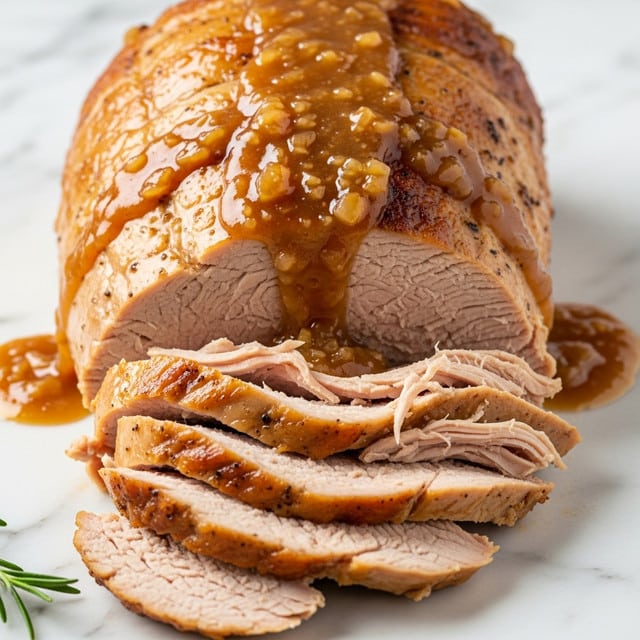 A large piece of cooked meat, light brown and moist, is placed on a surface with a white marbled texture. The meat is sliced thinly in the front, showing soft, juicy layers with a slightly shredded texture. A shiny, smooth brown sauce with bits of onion or garlic covers the top and drips down the sides, adding gloss and richness to the meat. In the bottom corner, a small green herb adds a touch of color contrast. Photo taken with an iphone --ar 4:5 --v 7