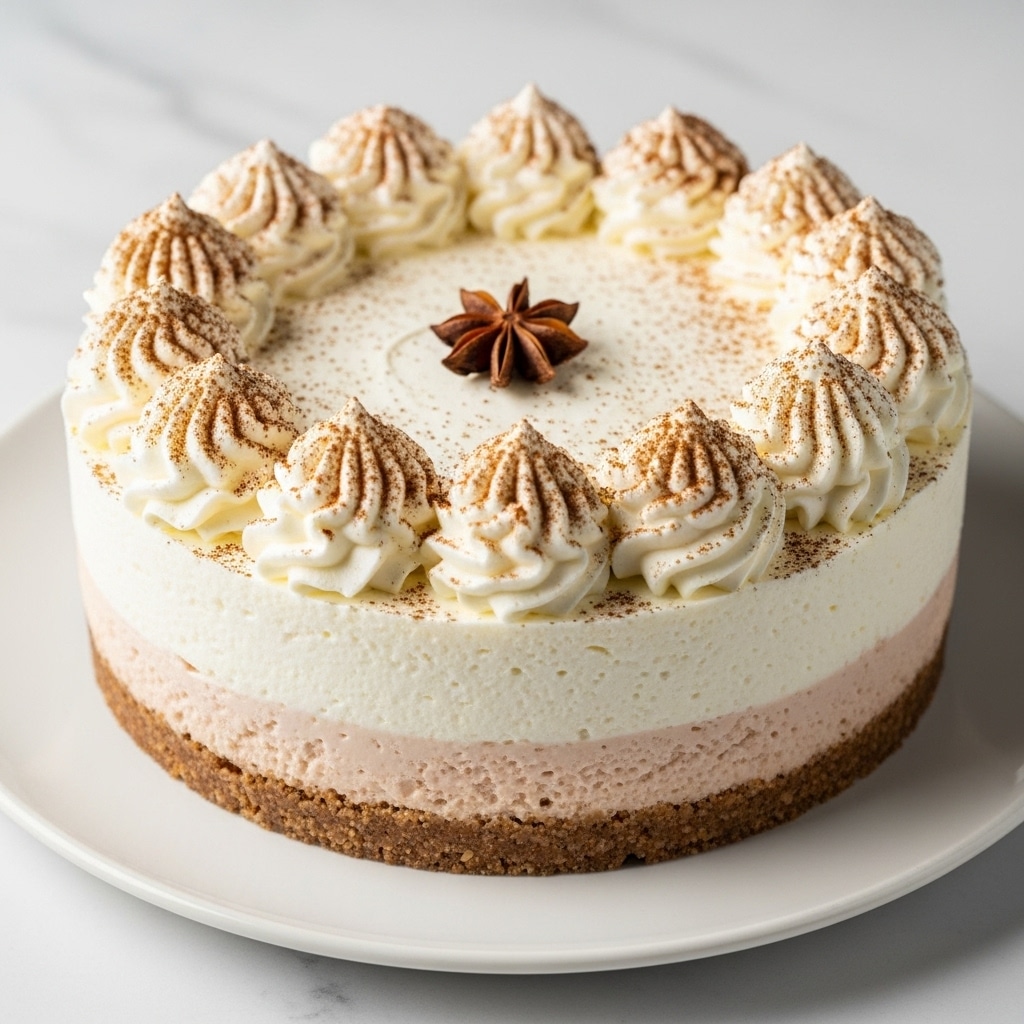 The image shows a round cheesecake with three visible layers. The bottom layer is a crumbly light brown crust, the middle layer is thick and creamy white cheesecake filling, and the top layer is decorated with piped swirls of whipped cream in a ring around the edge. The whipped cream is dusted with fine brown powder, possibly cinnamon, and there is a dark brown star anise placed in the center as a garnish. The cheesecake is on a white plate sitting on a white marbled surface. Photo taken with an iphone --ar 4:5 --v 7