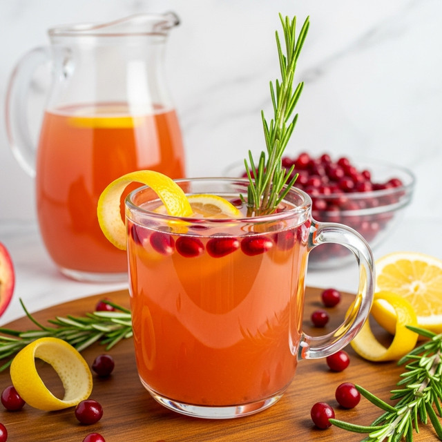 A clear glass mug filled with a pinkish-orange drink topped with bright red cranberry seeds floating on top, a small green rosemary sprig standing upright, and a thick yellow lemon peel curl resting on the surface; the mug is set on a light wooden table with scattered cranberries, rosemary sprigs, and lemon peels around it, while a large glass pitcher containing the same pinkish-orange drink with lemon slices is blurred in the background, all placed on a white marbled surface. photo taken with an iphone --ar 4:5 --v 7