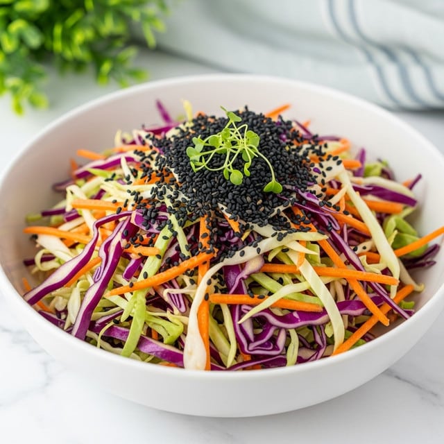 A bowl filled with a colorful shredded salad sits on a white marbled surface. The salad has layers of thinly sliced purple cabbage, green cabbage, and orange carrot mixed evenly throughout. On top, a generous sprinkle of small, black sesame seeds covers the salad, with a few delicate green herb sprigs placed as garnish. The bowl is white and round with a smooth edge, and some greenery and a light blue-striped cloth are blurred in the background. photo taken with an iphone --ar 4:5 --v 7