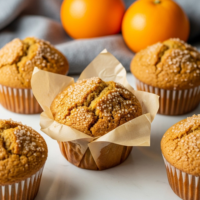 The image shows several round, golden brown cookies with a slightly cracked surface, baked on a grey baking tray that rests on a white marbled textured surface. Each cookie has a rough, crumbly texture with small sugar crystals sprinkled on top, giving a sparkling effect. The cookies are evenly spaced, with a soft focus on the front cookie and a blurred background where a blurred orange and a bowl are visible. Photo taken with an iphone --ar 4:5 --v 7