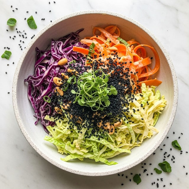 The dish is a colorful salad served in a white bowl with a rough texture. The salad has three main layers: thin strips of purple cabbage giving a deep violet color, thin orange carrot ribbons mixed with light green cabbage slices, all coated lightly with a creamy sauce giving a slight shine. On top, there is a generous sprinkling of small black seeds and some fresh green herb sprigs adding fresh green accents. The bowl sits on a white marbled surface with scattered black seeds and small green herb pieces around it. Photo taken with an iphone --ar 4:5 --v 7