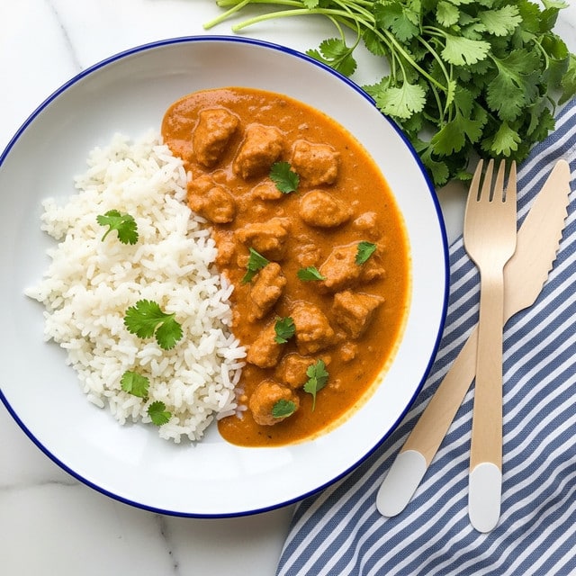 A white plate with a blue rim holds a serving of white rice on one side and a thick layer of orange-brown curry next to it. The curry has a creamy texture with chunks of meat and is sprinkled with small green cilantro pieces. In the background, there is a white marbled surface, a bunch of fresh green cilantro leaves, and a folded white cloth with blue stripes. Two wooden spoons rest on the cloth, adding a warm natural touch to the scene. photo taken with an iphone --ar 4:5 --v 7
