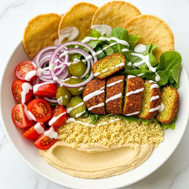 A white bowl filled with a colorful, layered dish starting with a base of creamy hummus and light yellow couscous. On top, there is fresh green leafy lettuce mixed with slices of bright red cherry tomatoes on the left side. Next to the tomatoes, thinly sliced purple onions fan out with some green pickles on the right edge. Several pieces of golden-brown grilled tofu, slightly charred and cut into thick strips, are placed in the center and to the right. The entire dish is drizzled with a creamy white sauce. At the back of the bowl, triangular pita chips stand upright, showing a toasted light brown color with seasoning. The bowl sits on a white marbled surface. Photo taken with an iphone --ar 4:5 --v 7
